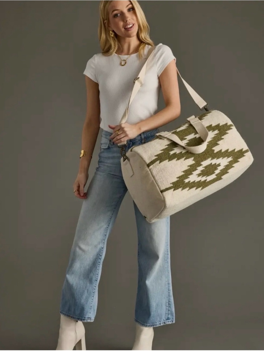 NWT panache Apparel Co. Aztec-Pattern Canvas Travel Duffle Bag in Olive & Cream - Picture 3 of 3
